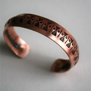 VINTAGE Domed Copper Stamped Cuff Bracelet with Southwest Indian Tribal Design